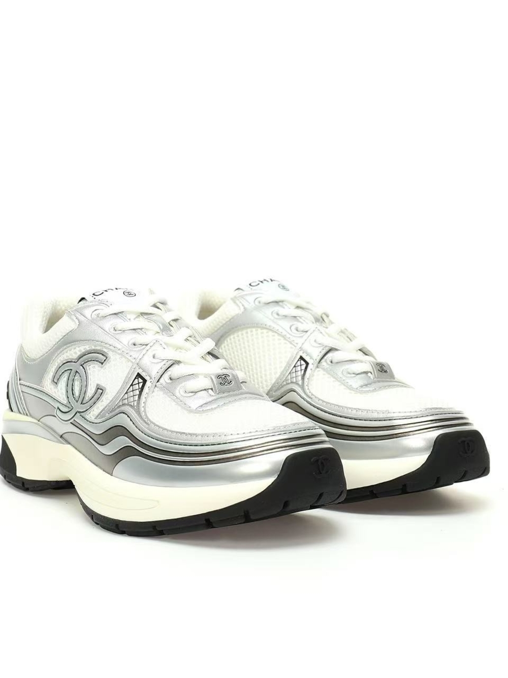 Chanel White & Silver Runner Platform Sneakers